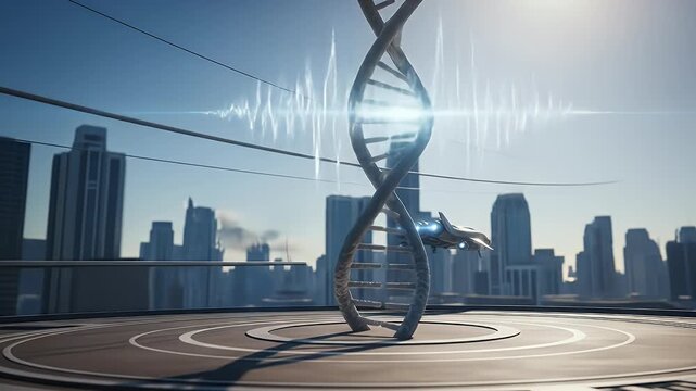 Futuristic cityscape backdrop with a large DNA helix sculpture, glowing with energy pulses.