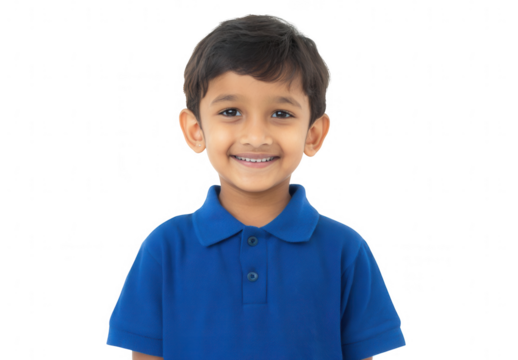 a happy, smiling little Indian boy in a blue polo shirt, standing and looking at the camera, png, transparent - Powered by Adobe