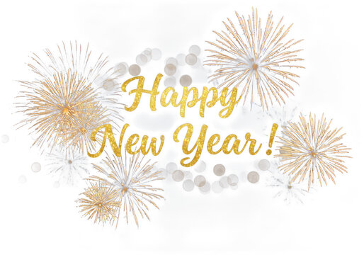 Golden happy new year text surrounded by sparkling fireworks and bokeh lights isolated on transparent background