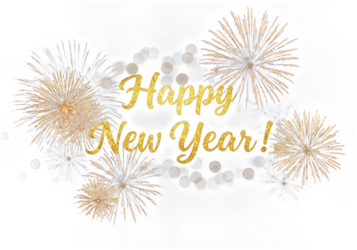 Golden happy new year text surrounded by sparkling fireworks and bokeh lights isolated on transparent background - Powered by Adobe