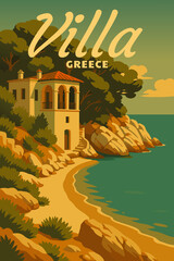 Villa Greece vintage travel poster, tropical resort, villa. Summer vacation card retro illustration