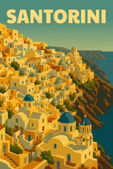 Poster Travel Greece Santorini, Crete, old village white buildings, orthodox church, poster