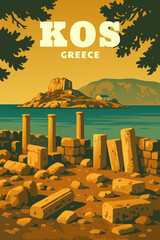 Greece island Cos, retro travel poster old Mediterranean European culture and architecture