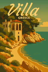 Villa Greece vintage travel poster, tropical resort, villa. Summer vacation card retro illustration