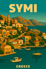 Poster Travel Greece Symi, old village white buildings