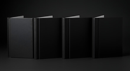 Four neatly arranged black hardcover books or documents standing upright against a dark background. Perfect for use in professional document templates, branding, or minimalist mockups.