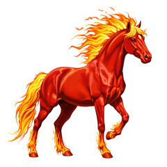 Fiery red horse with flaming mane in dynamic pose  