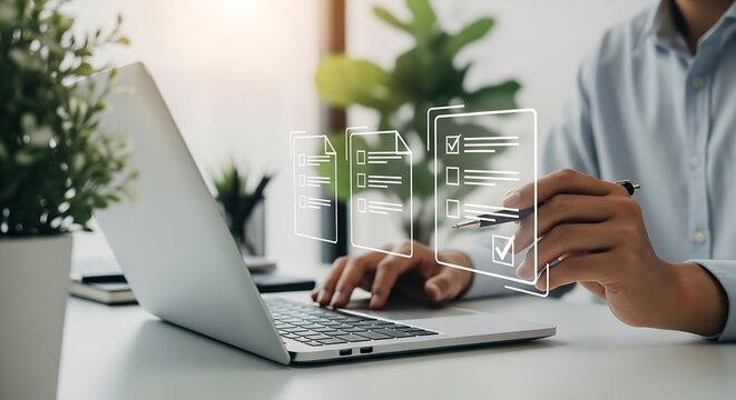Digital Checklist Completion on Laptop: Business Efficiency, Online Task Management, and Productivity at Modern Workspace