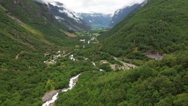 Drone View Over Briksdalen Valley Toward Oldevatnet in Stryn, Norway