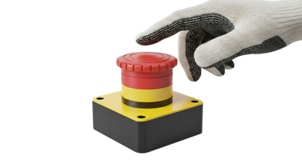 Emergency stop button hand pressing red yellow safety industrial equipment control panel activation isolated on transparent background