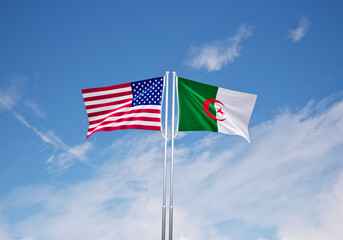 flags of  algeria and United States of America over blue sky background.
