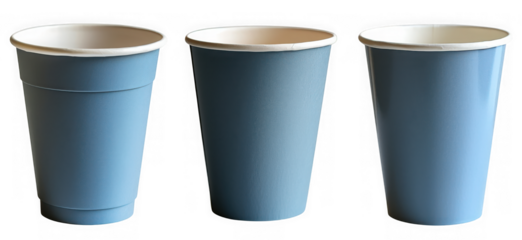 Three light blue disposable paper cups with white rims are neatly arranged against a plain transparent background ready for beverages