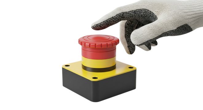 Emergency stop button hand pressing red yellow safety industrial equipment control panel activation isolated on transparent background
