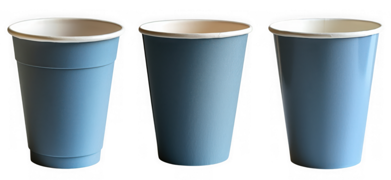 Three light blue disposable paper cups with white rims are neatly arranged against a plain transparent background ready for beverages