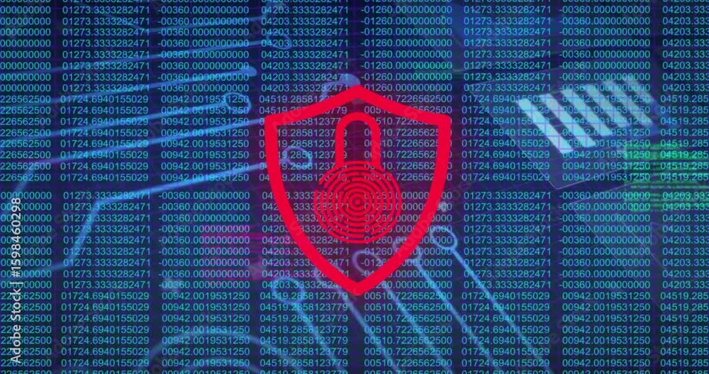 Poster scan bars rising driving shield icon pulsing fingerprint going red for access while code scrolling