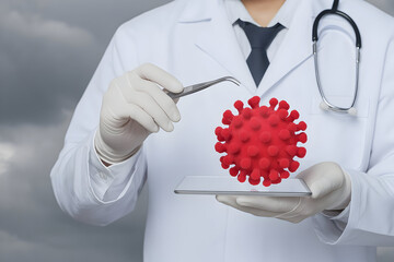 Doctor Analyze Virus Model on Digital Tablet in Medical Technology Digital Healthcare Advertisement
