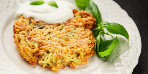 Potato pancakes drainiki potato cutlets vegetable dish fresh delicious gourmet food background on the table rustic food top view copy space vegan and vegetarian food