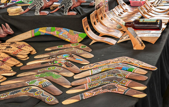 Boomerangs and Aboriginal crafts being sold at The Queen Victoria Market. Built in 1860 years it is one of Melbourne's major tourist sites. Australia, Melbourne, Dec 2019