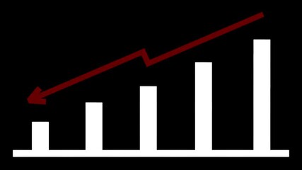 4K Animation in landscape format with still bar graph and pulsing red down arrow above, representing economic fall, market crash, or financial downturn - Powered by Adobe