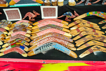 Boomerangs and Aboriginal crafts being sold at The Queen Victoria Market. Built in 1860 years it is one of Melbourne's major tourist sites. Australia, Melbourne, Dec 2019