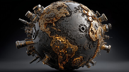 Mechanical orb world made from interconnected gears, cogs, and pistons, resembling a mini industrial planet © latest