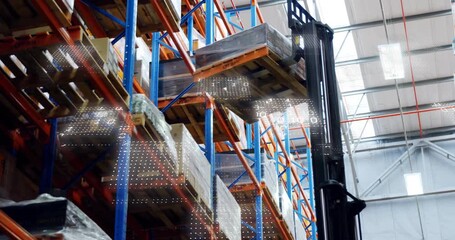 After signal forklift mast ascending forks sliding under pallet lowering with binary code overlay - Powered by Adobe