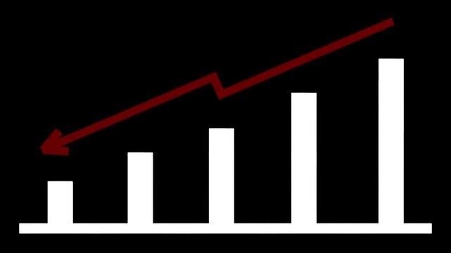4K Animation in landscape format with still bar graph and pulsing red down arrow above, representing economic fall, market crash, or financial downturn