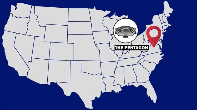 4K Animation of USA vector map featuring a pulsing red location icon highlighting and labeling The Pentagon in Washington DC, representing a major defense hub