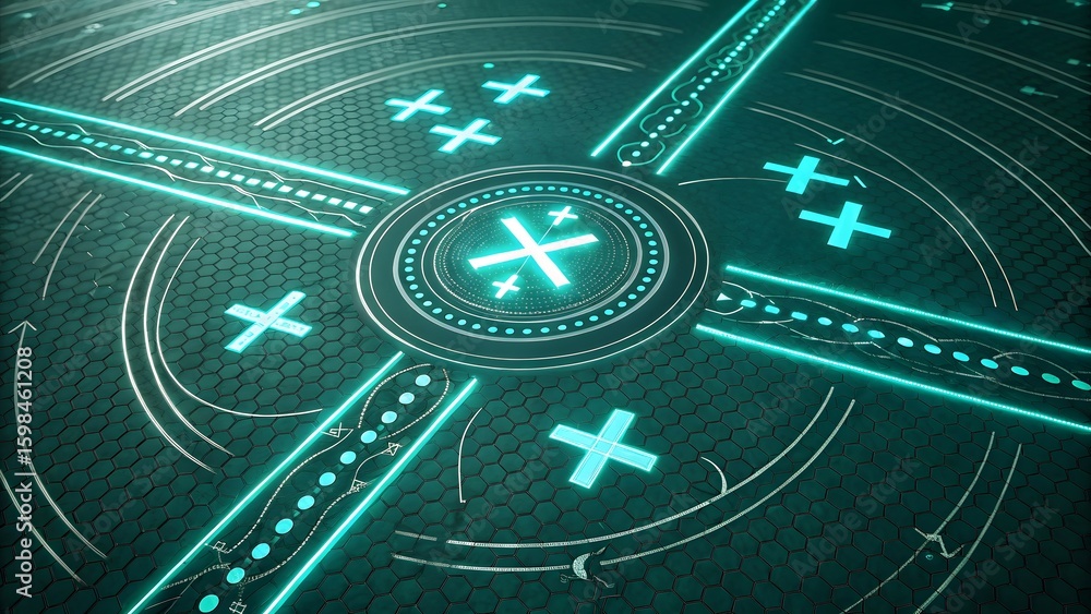 Aufkleber a futuristic green and white abstract design with crosses and circular patterns on a dark background
