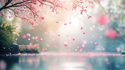 A soft-focus, dreamlike scene with pink sakura petals slowly falling from tree branches above a tranquil, light-filled garden.