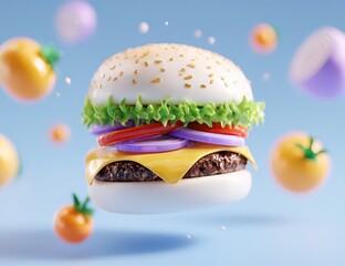 Burger Fantasy: A vibrantly rendered burger defies gravity, showcasing a symphony of fresh ingredients and captivating details. 