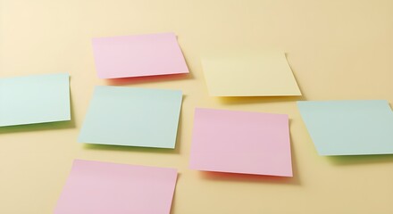 Fototapeta premium Minimalist Sticky Notes on Soft Yellow Background with Cheerful Ambiance – Blank, Unlabeled Mockup for Branding, Office Supplies, School, Stationery, Organization, and Creative Product Presentations