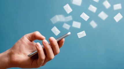 Close-up of a hand holding a smartphone with digital mail icons floating above, symbolizing fast email sending, online communication, and modern technology on a blue background.