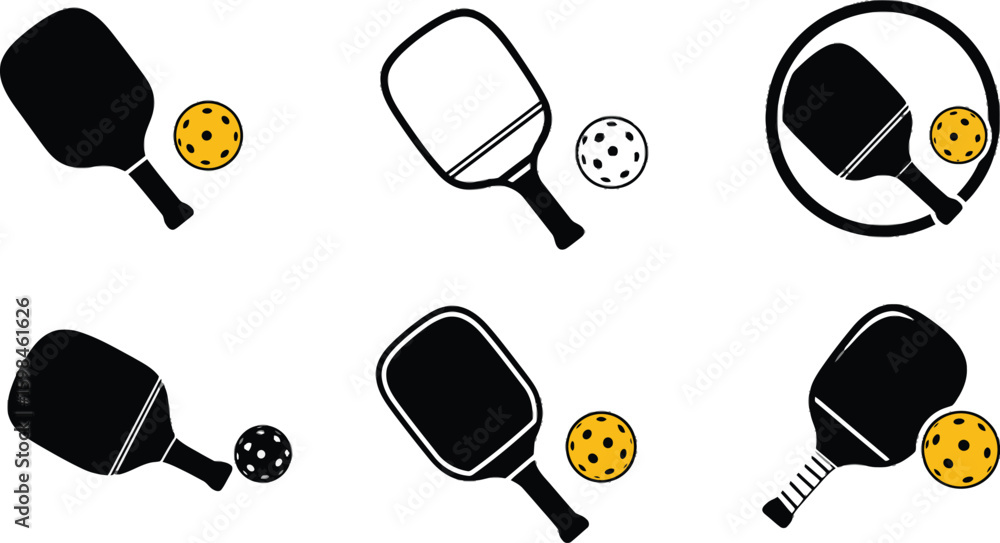 Poster vector art of a modern set of pickleball paddle and ball icons isolated on white background symboliz