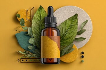 Botanical Elixir: An elegantly presented bottle of essential oil or serum, surrounded by vibrant botanical elements, suggesting natural wellness and skincare.