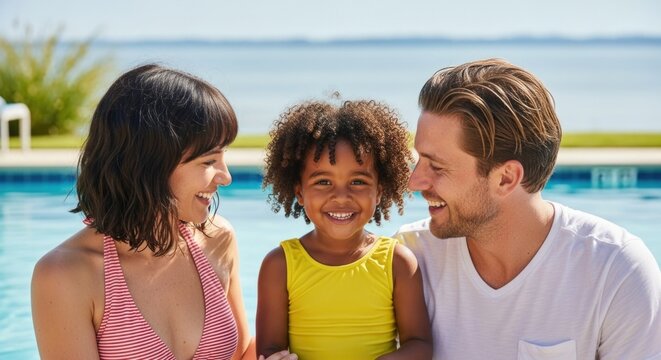 Happy family by the pool: caucasian couple with african child smiling outdoors