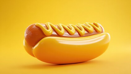 Delicious Hotdog with Mustard: A mouthwatering hotdog, generously drizzled with vibrant yellow mustard, sits invitingly against a complementary yellow background, showcasing culinary delight.
