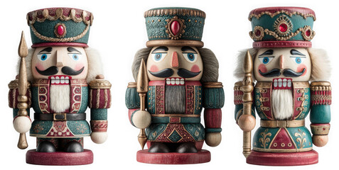 Fototapeta premium Three traditional christmas nutcracker soldier figures dressed in ornate military uniforms stand proudly isolated on transparent background
