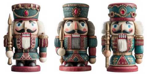 Three traditional christmas nutcracker soldier figures dressed in ornate military uniforms stand proudly isolated on transparent background