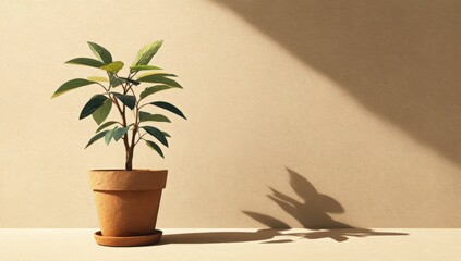 Serene Plant in Clay Pot: A minimalist aesthetic showcases a vibrant houseplant in a terracotta pot, casting a striking shadow against a clean, neutral background, a symbol of life and tranquility.