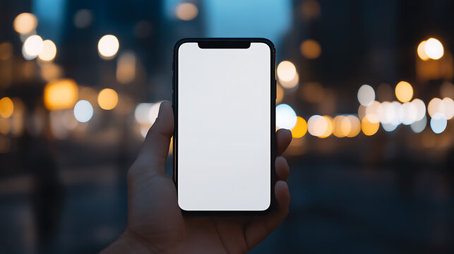 Mobile screen display held against blurred urban lights. User interacts with device, connecting city life with digital experiences. Modern convenience defined.