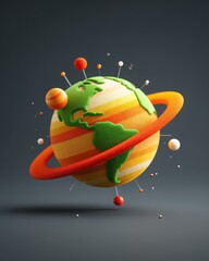 Global Unity: A conceptual and vibrant 3D representation of planet earth with striking colors and design, surrounded by elements that embody connectivity, harmony, and environmental awareness.