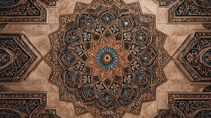 Ornate floral ceiling design with star pattern, carved detailing, neutral tones, and a central blue rosette feature. Artwork.