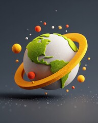 Earth in Orbit: A vibrant 3D-rendered representation of the earth encircled by a luminous ring and scattered cosmic elements, symbolizing the interconnectedness of our world.