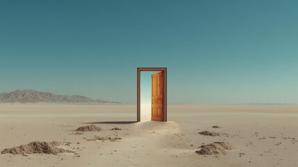  an old wooden door floating upright in the middle of a minimalist desert landscape © latest