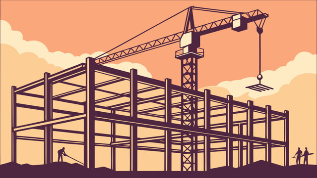 Construction site building framework with crane and workers vector illustration design concept
