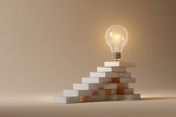 Illuminating Ascent: A glowing light bulb illuminates the top of a meticulously constructed staircase, a visual metaphor for innovation and the climb to success.