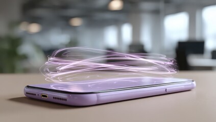The Enigmatic Smartphone: A sleek smartphone exudes technological innovation, with dynamic light trails dancing gracefully above, reflecting connectivity and digital advancements.