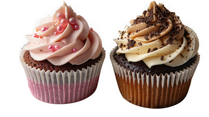 Two delicious cupcakes one with pink frosting and pearls and the other with chocolate frosting and shavings are presented against a transparent