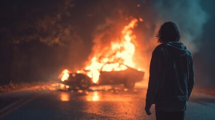 Fototapeta premium Person staring at burning car on dark road. Reflection of fire on the asphalt. Dramatic and dangerous scene, full of tension and uncertainty.